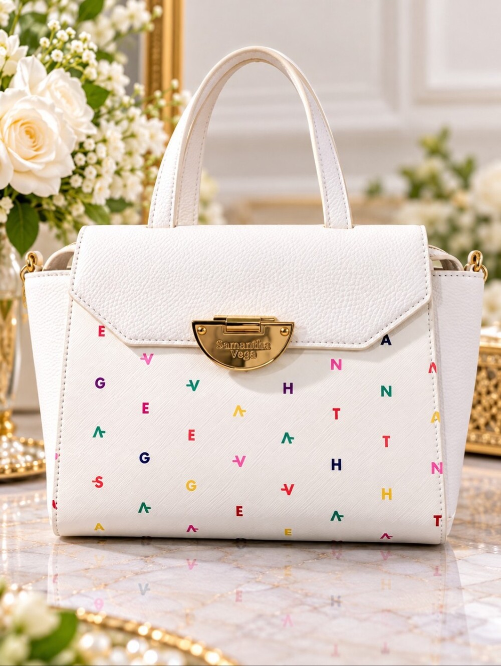 Samantha Vega White Leather 2 Ways Handbag Shoulder Bag Removable face